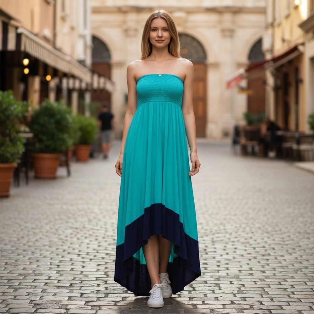 Gilli Womens Strapless High Low Maxi Dress Turquoise Navy Smocked Colorblock USA